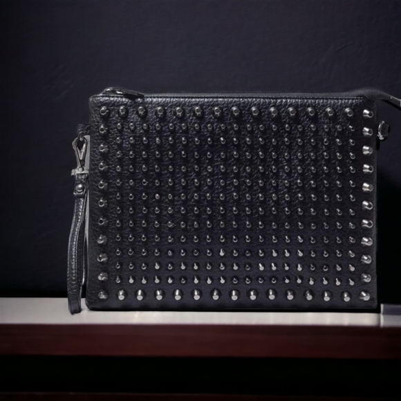Unisex Black Studded Clutch Bag With Crossbody Shoulder Strap